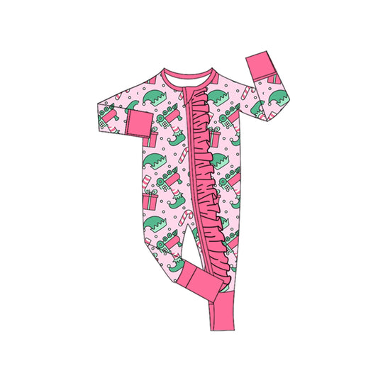MOQ 8 Preorder LR2671 Christmas Canes Pink Ruffle Zipper Long Sleeve Girls Romper 202509