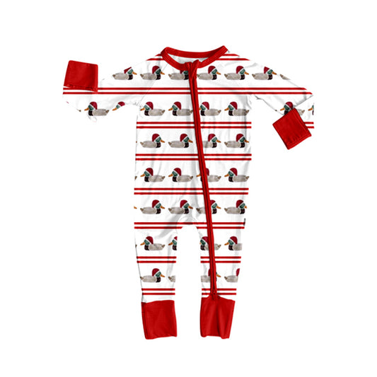 MOQ 8 Preorder LR2672 Christmas Hat Duck Stripe Red White Zipper Long Sleeve Boys Romper 202509