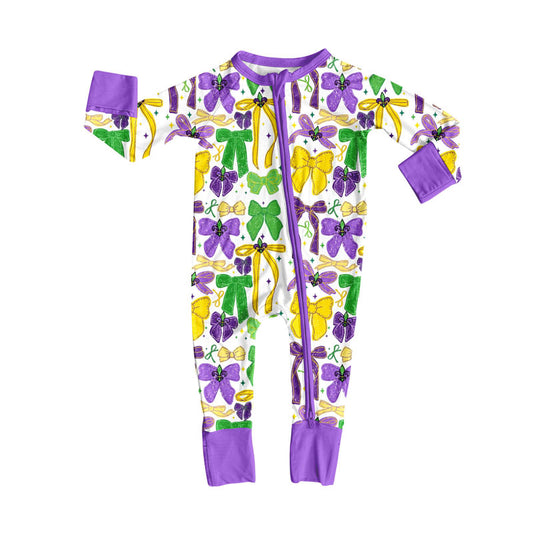 MOQ 8 Preorder LR2673 Mardi Gras Bows Purple Zipper Long Sleeve Girls Romper 202509
