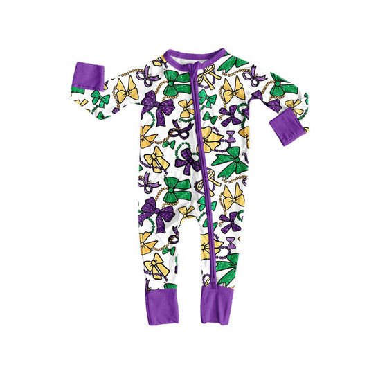 MOQ 8 Preorder LR2678 Mardi Gras Bows Pattern Purple Zipper Long Sleeve Girls Romper 202509