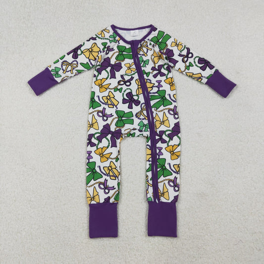 LR2678 Mardi Gras Bows Pattern Purple Zipper Long Sleeve Girls Romper 202510 RTS