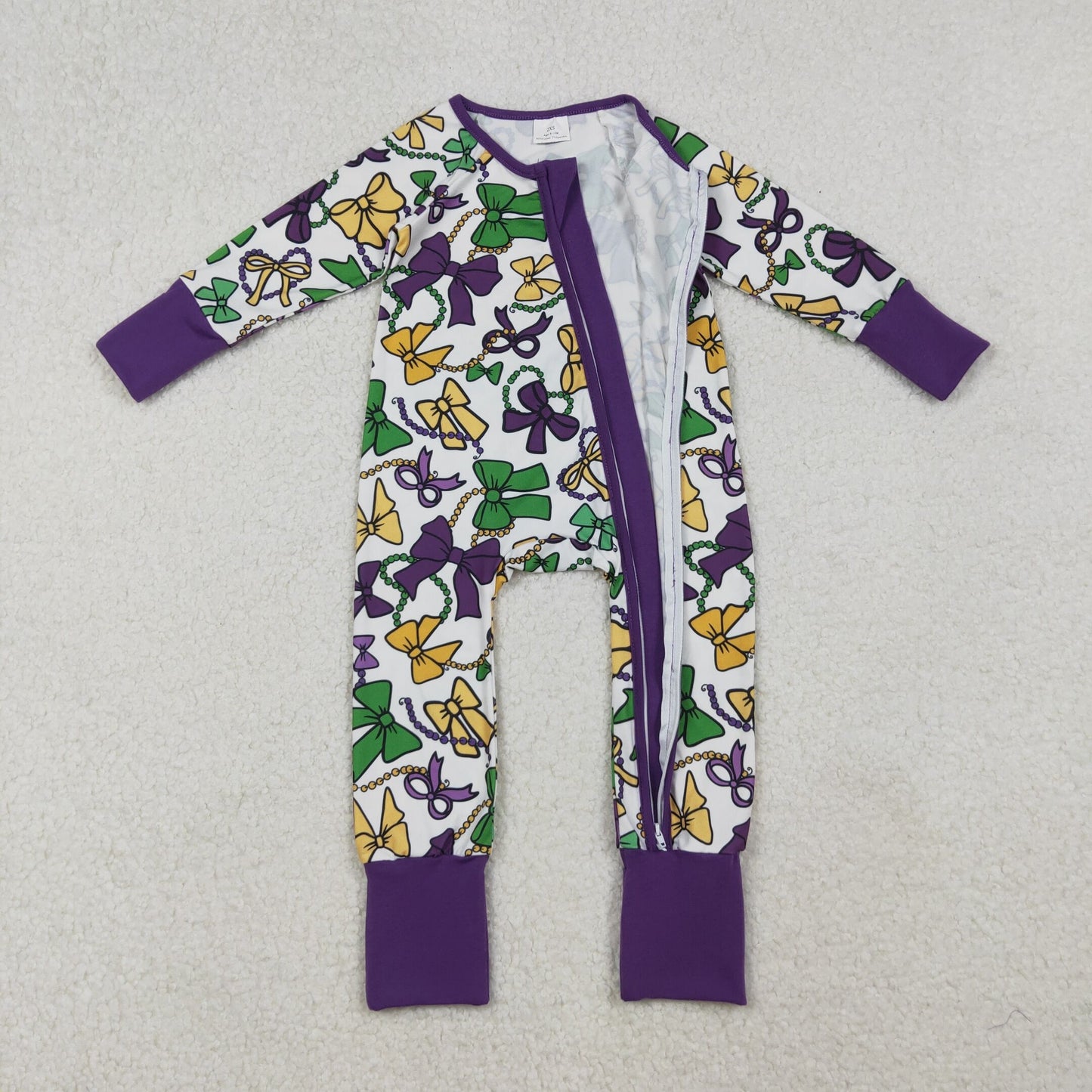 LR2678 Mardi Gras Bows Pattern Purple Zipper Long Sleeve Girls Romper 202510 RTS
