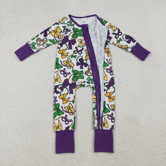 LR2678 Mardi Gras Bows Pattern Purple Zipper Long Sleeve Girls Romper 202510 RTS