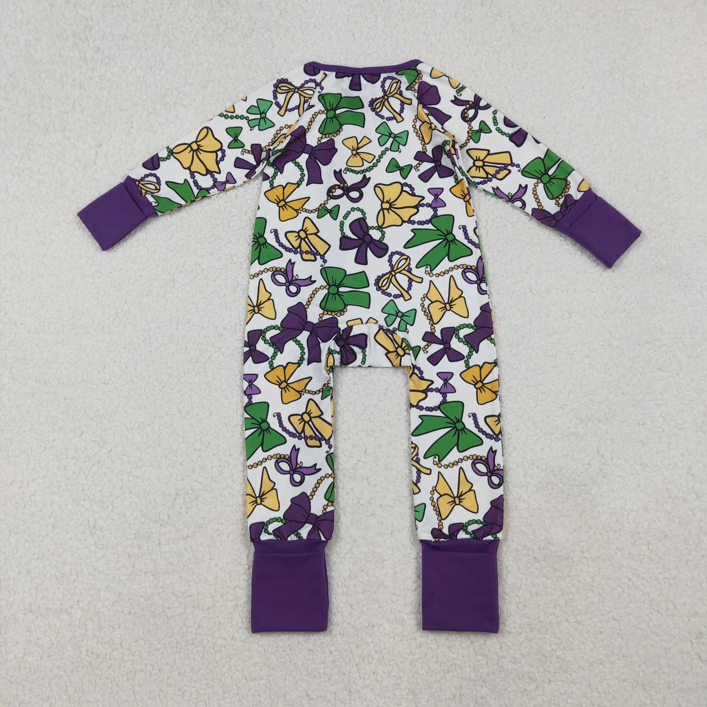 LR2678 Mardi Gras Bows Pattern Purple Zipper Long Sleeve Girls Romper 202510 RTS