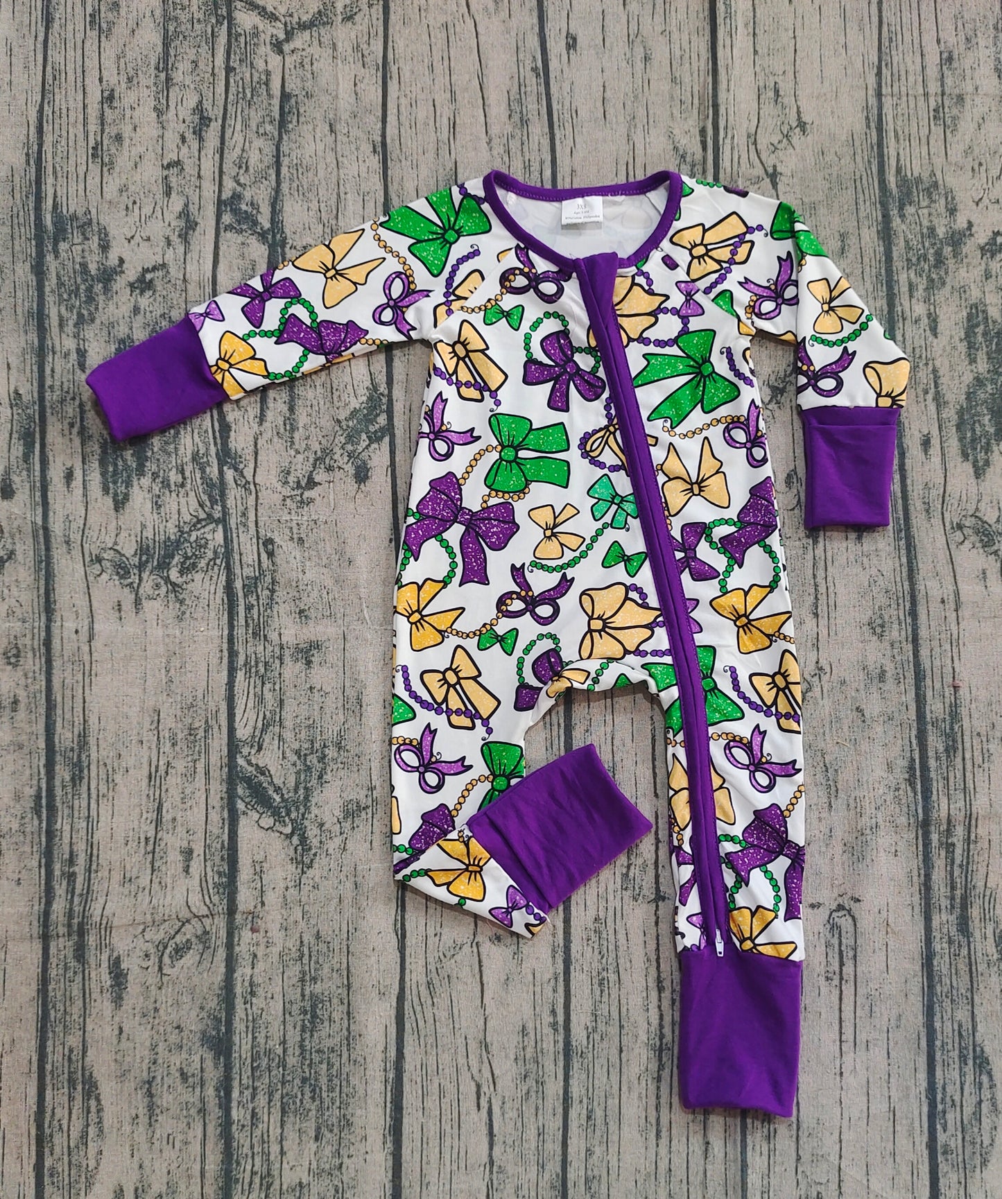 LR2678 Mardi Gras Bows Pattern Purple Zipper Long Sleeve Girls Romper 202510 RTS