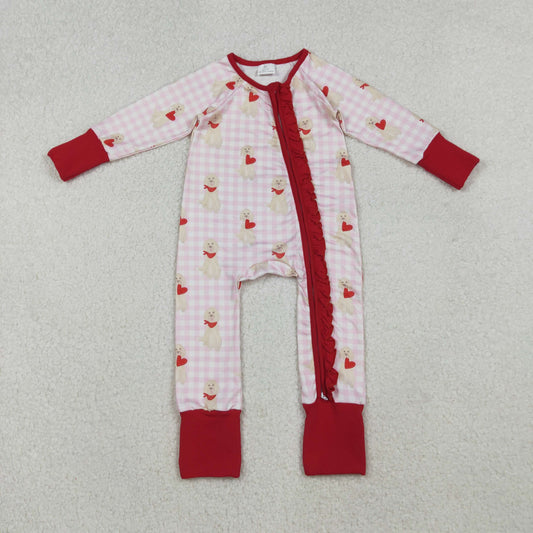 LR2681 Valentine's Day Puppy Love Pattern Red Ruffle Zipper Long Sleeve Girls Romper 202510 RTS