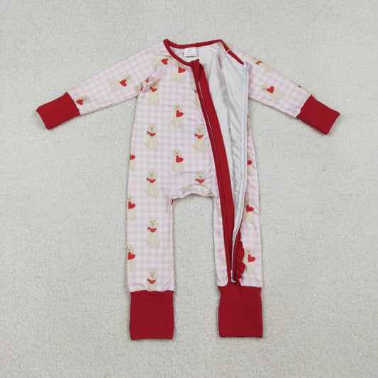 LR2681 Valentine's Day Puppy Love Pattern Red Ruffle Zipper Long Sleeve Girls Romper 202510 RTS