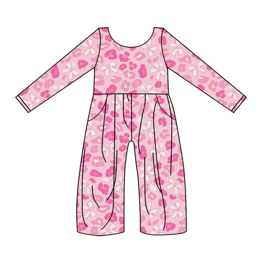 MOQ 8 Preorder LR2685 Valentine's Day Leopard Bows Pink Long Sleeve Girls Overalls Jumpsuits 202509
