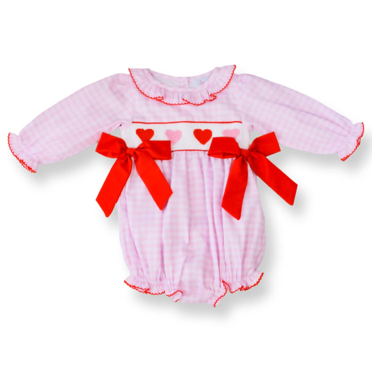 MOQ 8 Preorder LR2688 Valentine's Day Love Bows Plaid Ruffle Pink Long Sleeve Girls Bubble Romper 202509