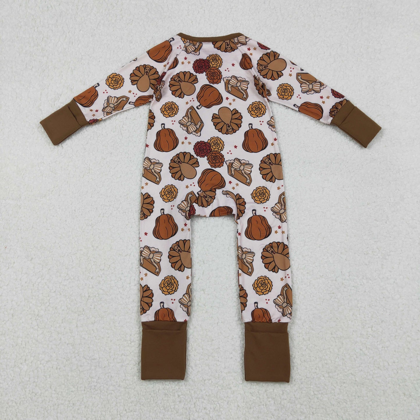 LR2690 Thanksgiving Turkey Pumpkin Flower Orange Brown Zipper Long Sleeve Girls Romper 202510 RTS
