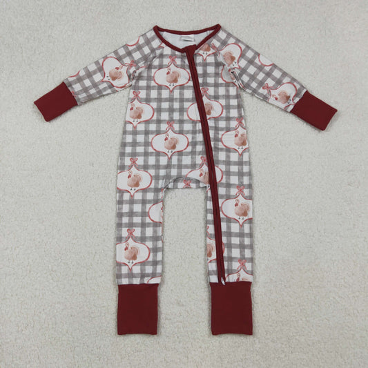 LR2691 Thanksgiving Turkey Plaid Zipper Long Sleeve Girls Romper 202510