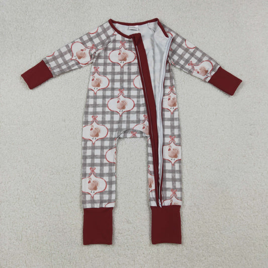 LR2691 Thanksgiving Turkey Plaid Zipper Long Sleeve Girls Romper 202510