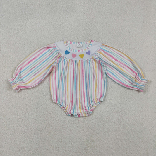 LR2695 Embroidered Valentine's Day Colored Stripe Love Long Sleeve Girls Bubble Romper 202511 RTS