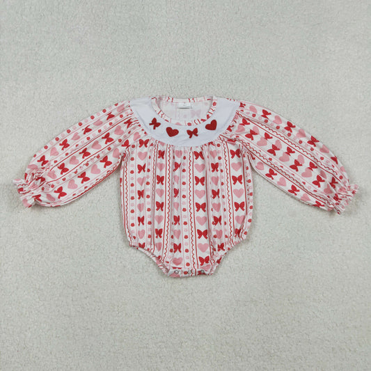 LR2696 Embroidered Valentine's Day Love Bows Flower Long Sleeve Girls Bubble Romper 202510 RTS