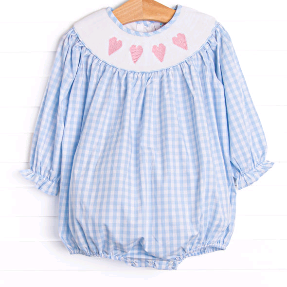 MOQ 8 Preorder LR2701 Valentine‘s Day Love Blue Plaid Long Sleeve Girls Bubble Romper 202509