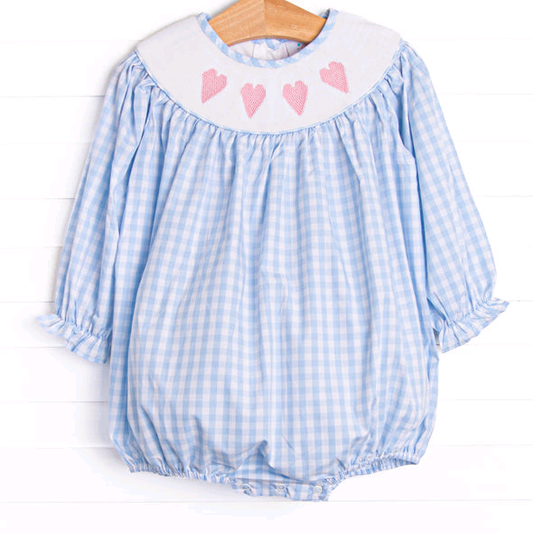 MOQ 8 Preorder LR2701 Valentine‘s Day Love Blue Plaid Long Sleeve Girls Bubble Romper 202509