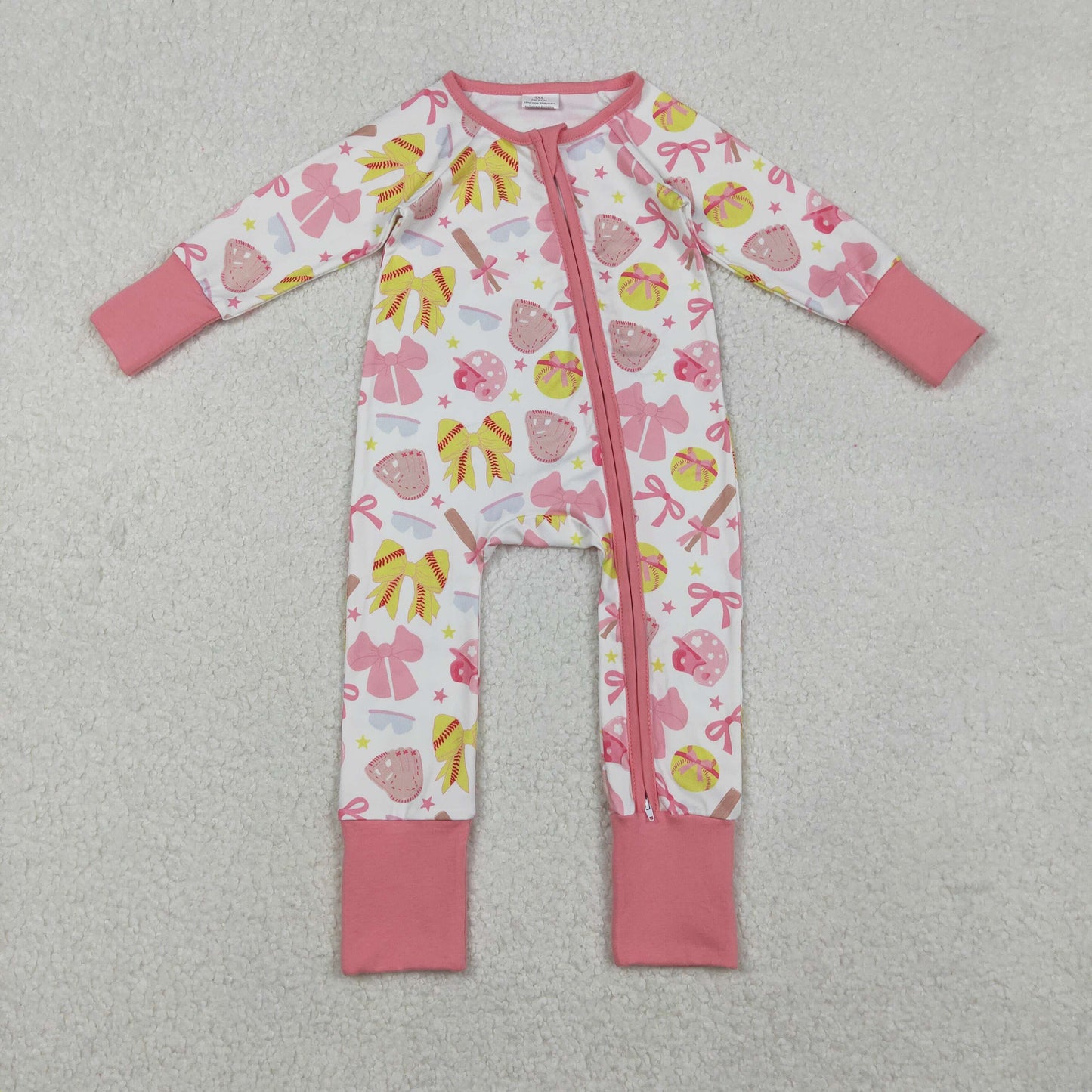 LR2705 Baseball Bows Pink Zipper Long Sleeve Girls Romper 202510 RTS