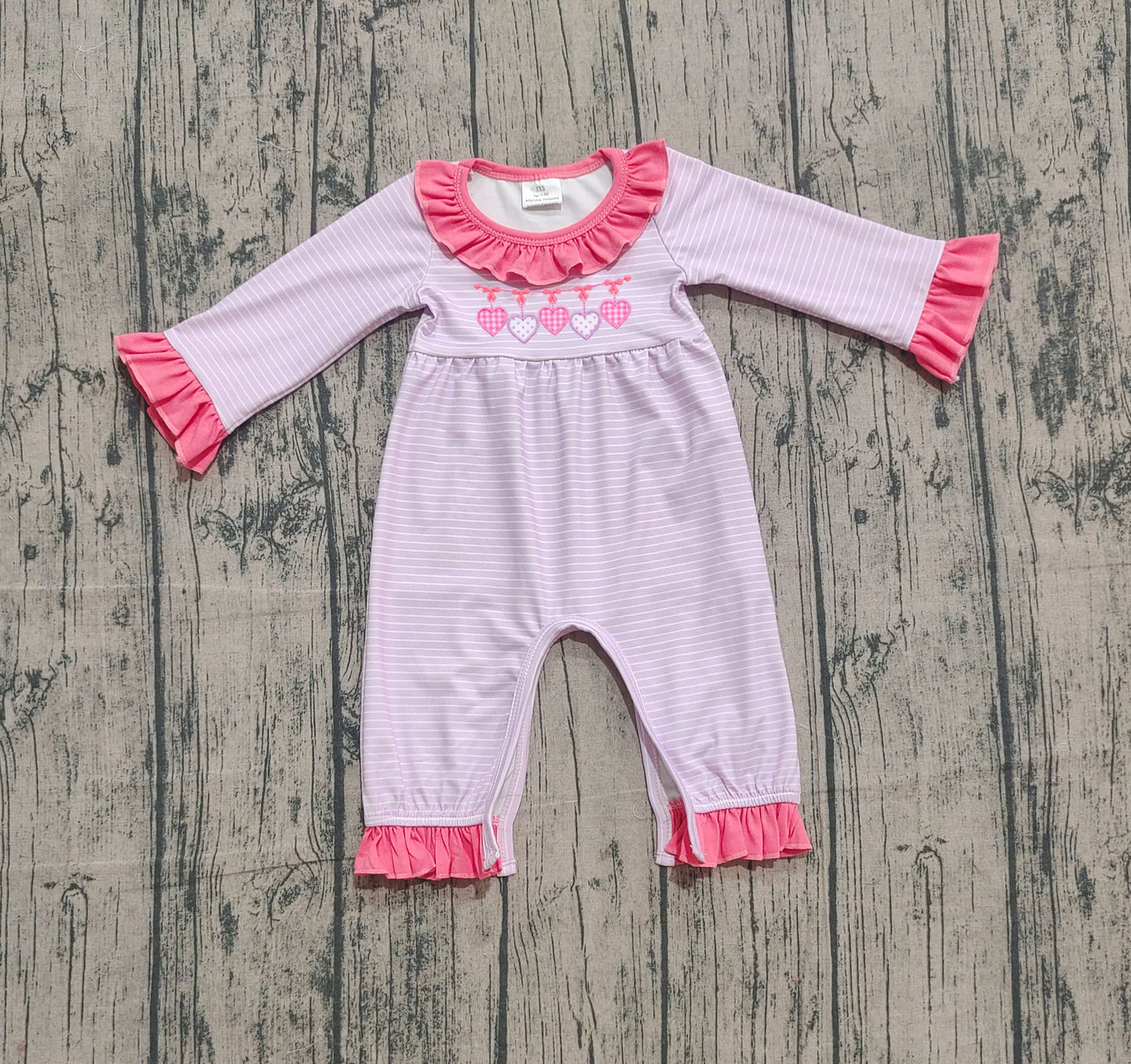 NO MOQ Preorder LR2706 Embroidered Valentine’s Day Stripe Love Pink Ruffle Long Sleeve Girls Romper 202509