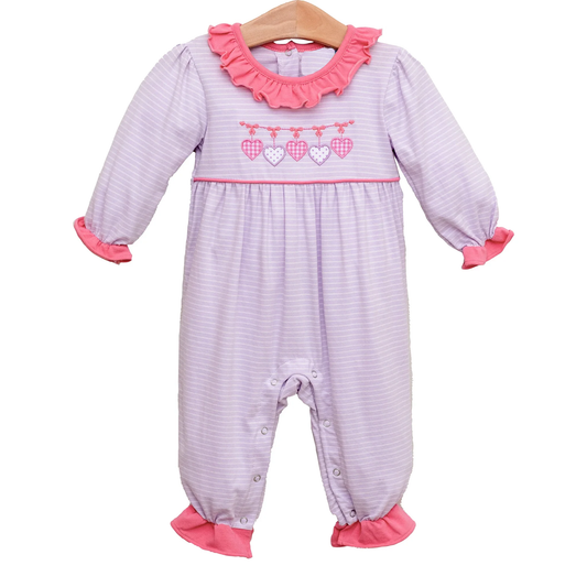 MOQ 8 Preorder LR2706 Valentine’s Day Stripe Love Pink Ruffle Long Sleeve Girls Romper 202509