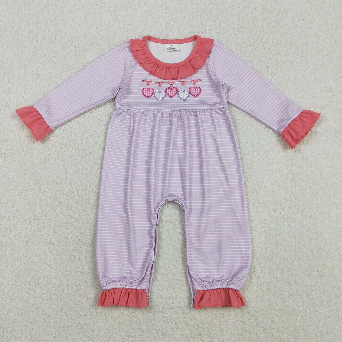 LR2706 Embroidered Valentine’s Day Stripe Love Pink Ruffle Long Sleeve Girls Romper 202511 RTS