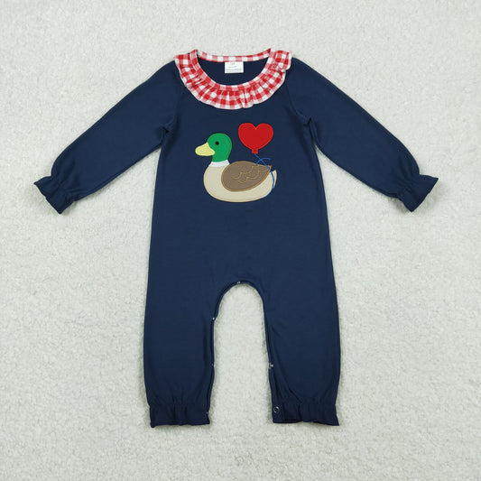 LR2720 Embroidered Valentine’s Day Duck Love Ruffle Navy Long Sleeve Girls Romper 202511 RTS Sibling