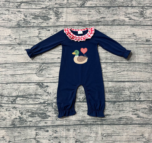 NO MOQ Preorder LR2720 Embroidered Valentine’s Day Duck Love Ruffle Navy Long Sleeve Girls Romper 202510 Sibling