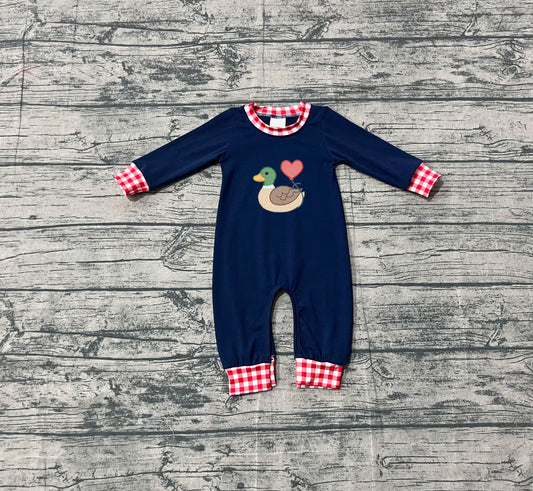 NO MOQ Preorder LR2721 Embroidered Valentine’s Day Duck Love Navy Long Sleeve Boys Romper 202510 Sibling