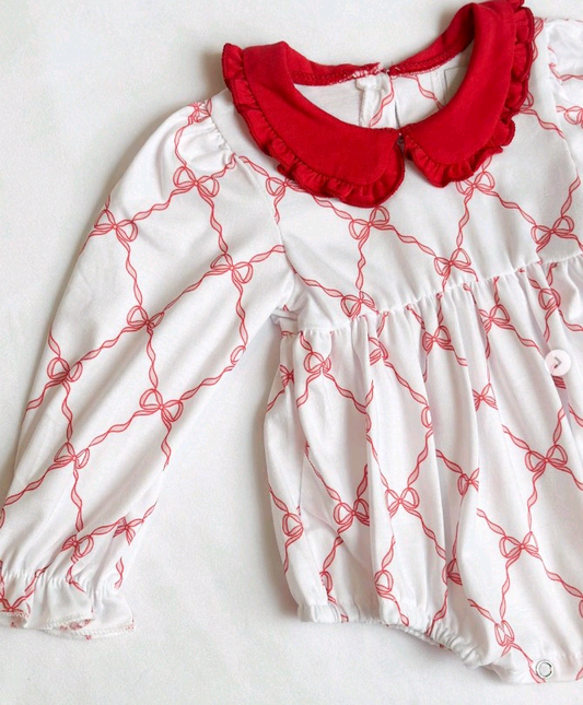 MOQ 8 Preorder LR2725 Red Ruffle Doll Collar Bows Long Sleeve Girls Bubble Romper 202509