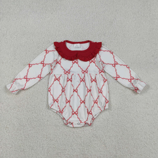 LR2725 Red Ruffle Doll Collar Bows Long Sleeve Girls Bubble Romper 202512 RTS