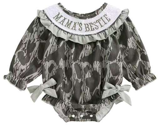 MOQ 8 Preorder LR2727 Mama's Bestie Camouflage Ruffle Long Sleeve Girls Bubble Romper 202509