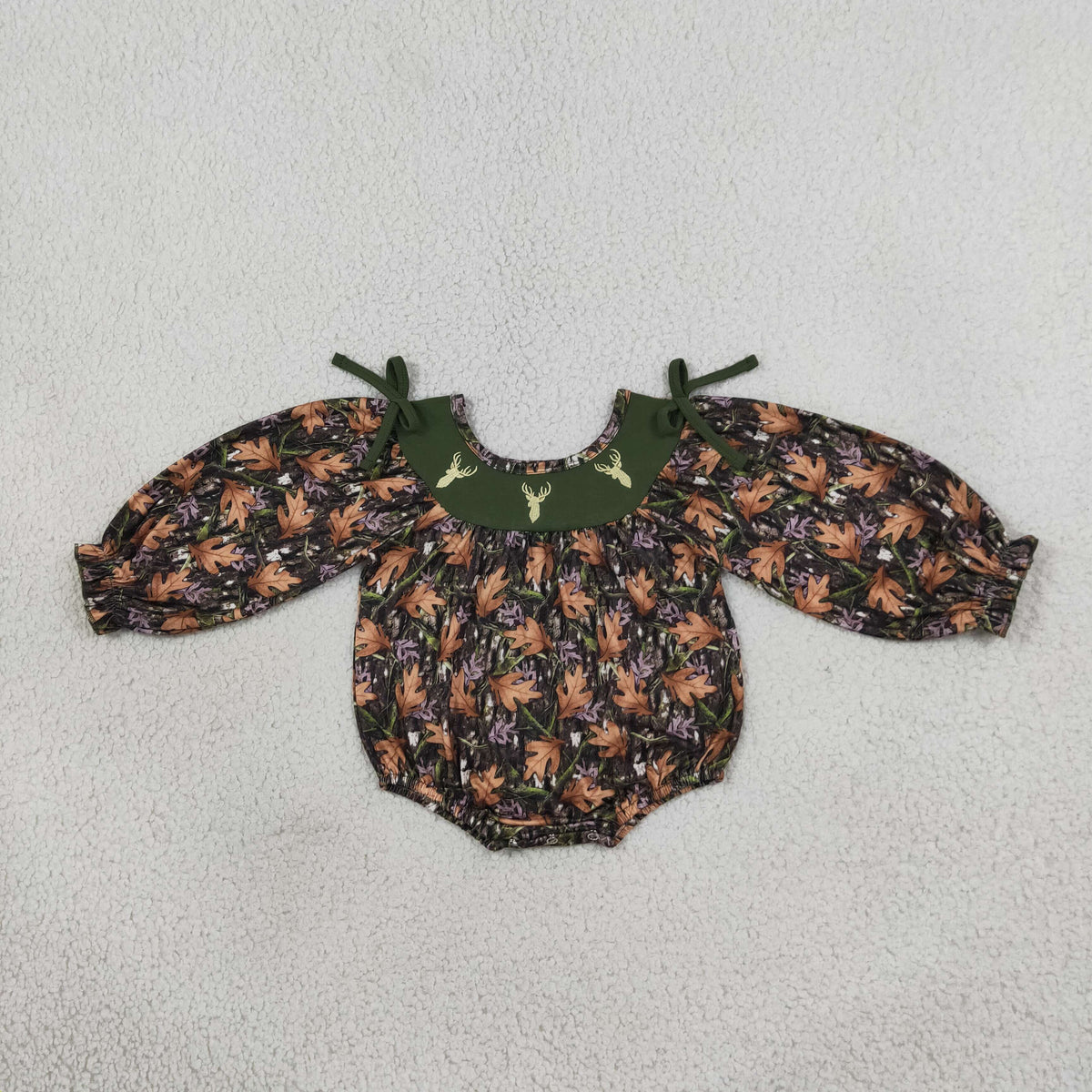 LR2728 Embroidery Hunting Elk Army Green Baby Girls Romper