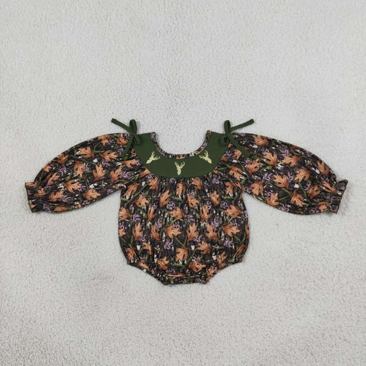 LR2728 Embroidery Hunting Elk Army Green Baby Girls Romper