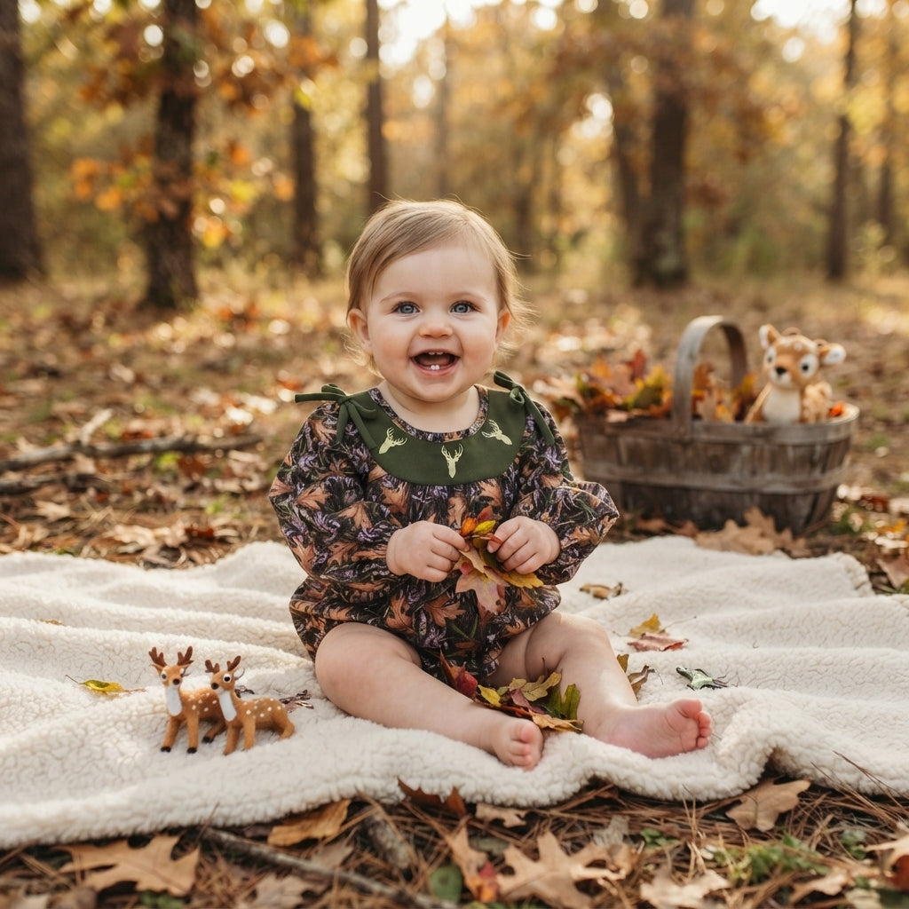 LR2728 Embroidery Hunting Elk Army Green Baby Girls Romper