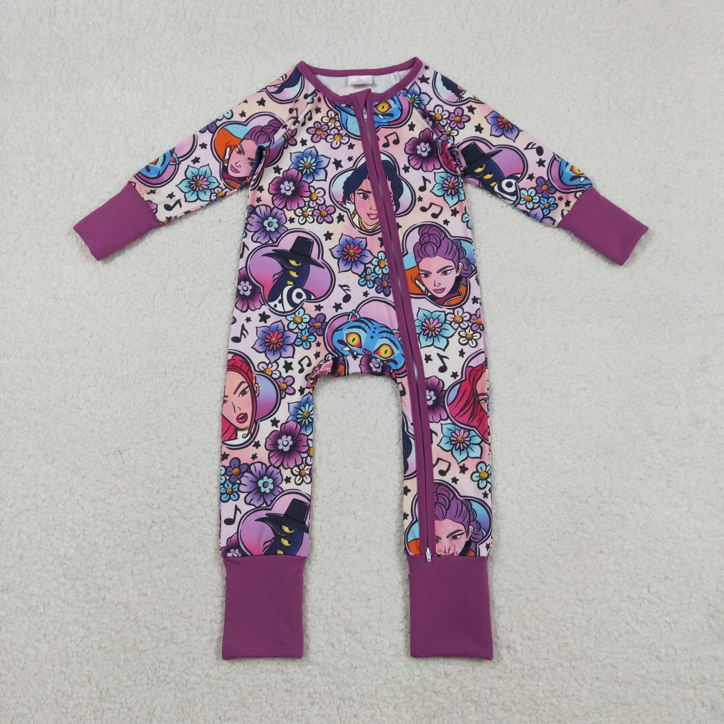 LR2732 Cartoon K-pop Music Flower Purple Zipper Long Sleeve Girls Romper 202511 RTS