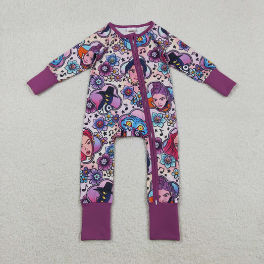 LR2732 Cartoon K-pop Music Flower Purple Zipper Long Sleeve Girls Romper 202511 RTS
