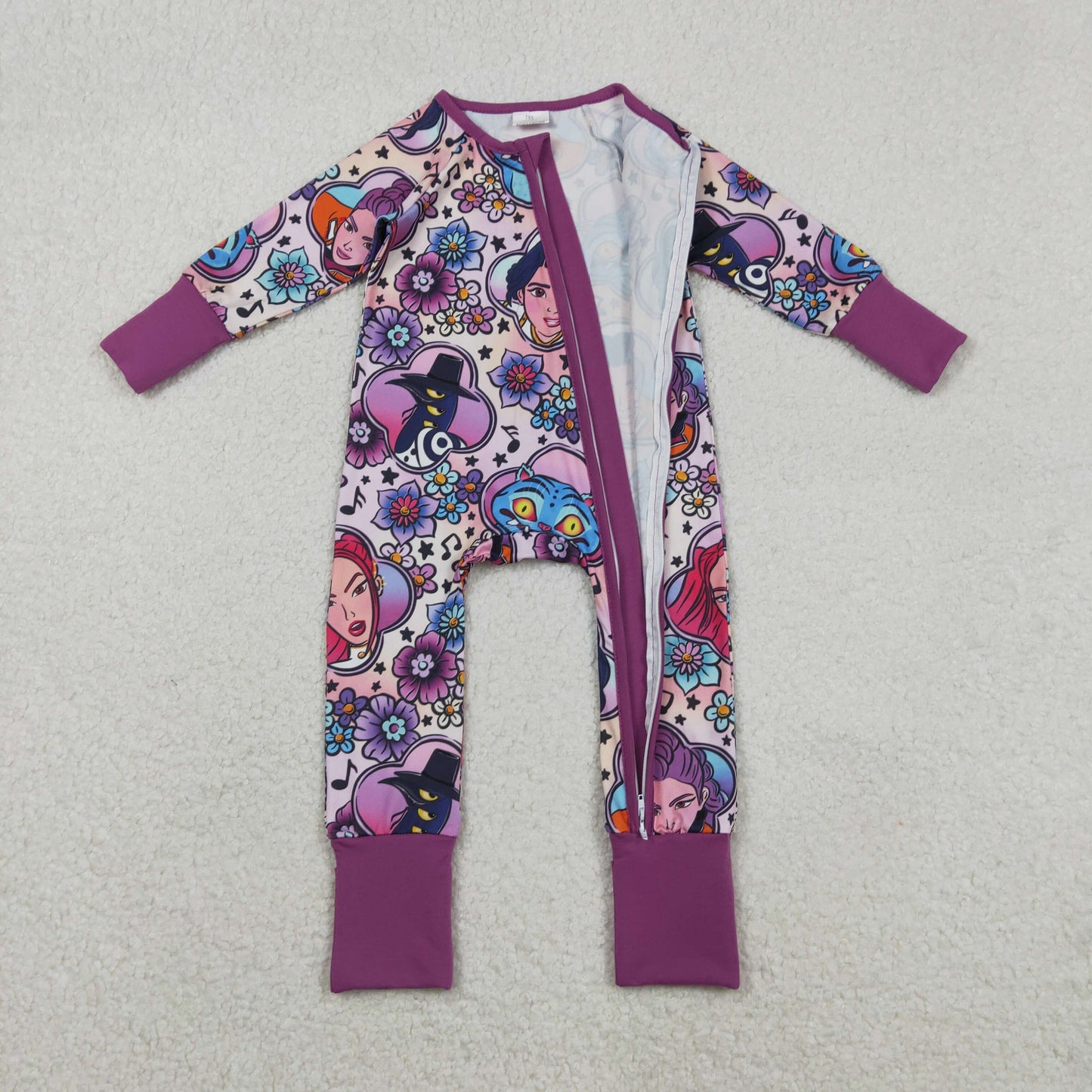 LR2732 Cartoon K-pop Music Flower Purple Zipper Long Sleeve Girls Romper 202511 RTS