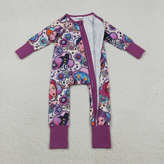 LR2732 Cartoon K-pop Music Flower Purple Zipper Long Sleeve Girls Romper 202511 RTS