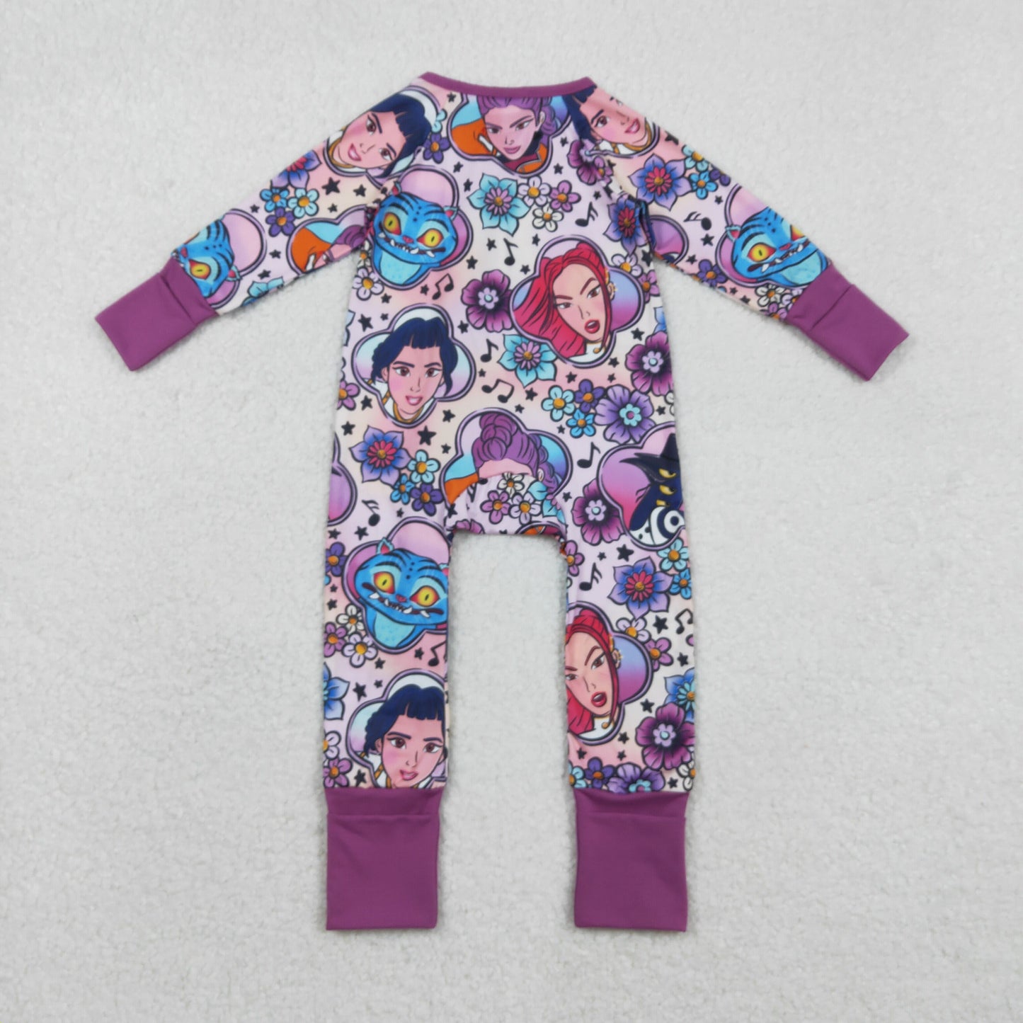 LR2732 Cartoon K-pop Music Flower Purple Zipper Long Sleeve Girls Romper 202511 RTS