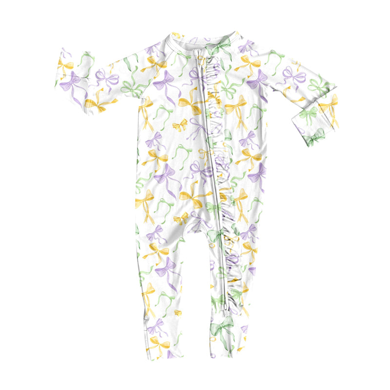 MOQ 8 Preorder LR2736 Mardi Gras Bows White Ruffle Zipper Long Sleeve Girls Romper 202509
