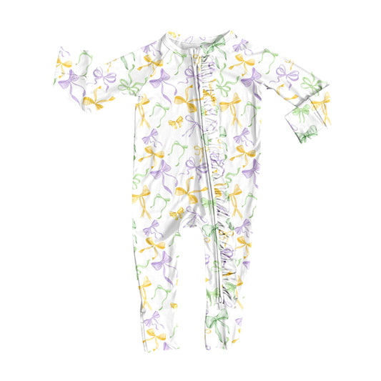 MOQ 8 Preorder LR2736 Mardi Gras Bows White Ruffle Zipper Long Sleeve Girls Romper 202509