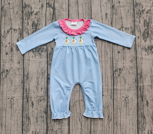 NO MOQ Preorder LR2738 Embroidered Ducks Bows Pink Ruffle Blue Stripe Long Sleeve Girls Romper 202510