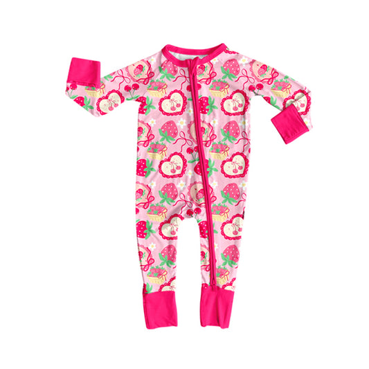 MOQ 8 Preorder LR2743 Love Bows Strawberry Red Zipper Long-Sleeved Girls Romper 202509