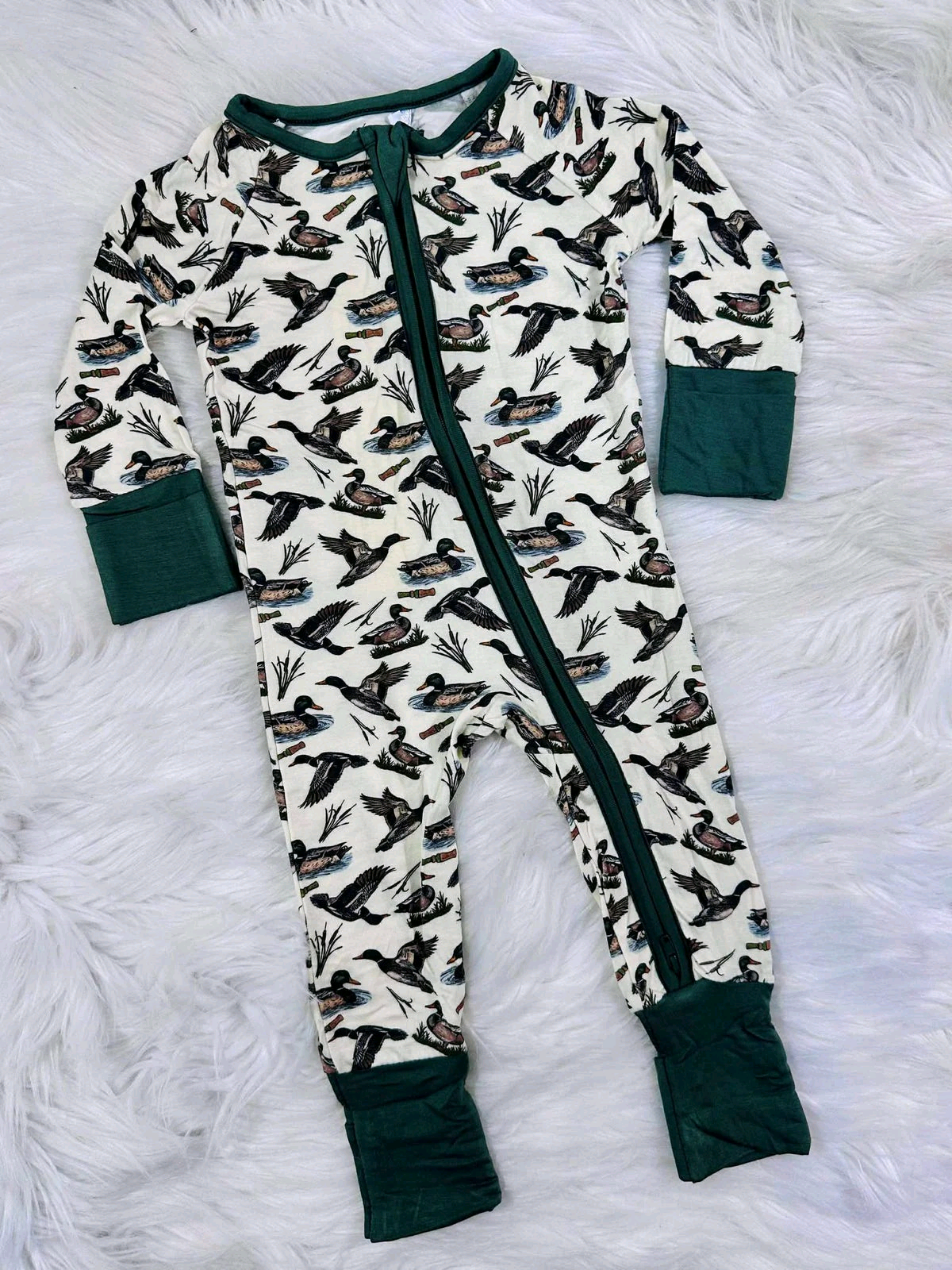 MOQ 8 Preorder LR2744 Duck Hunting Dark Green White Zipper Long-Sleeved Boys Romper 202509