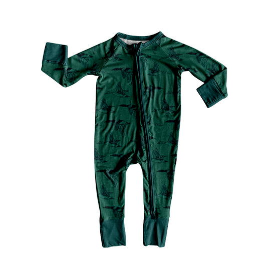 MOQ 8 Preorder LR2745 Duck Hunting Dark Green Zipper Long-Sleeved Boys Romper 202509