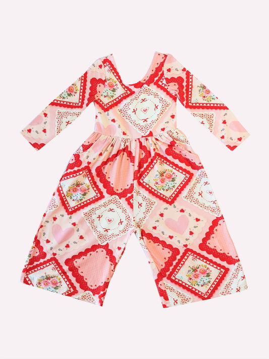 MOQ 8 preorder LR2751 Valentine’s Day Love Bows Flower Plaid Long Sleeve Girls Overalls Jumpsuit 202510