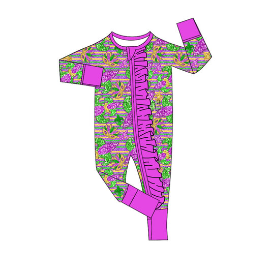 MOQ 8 Preorder LR2753 Mardi Gras Stripe Purple Ruffle Long-Sleeved Girls Romper 202510