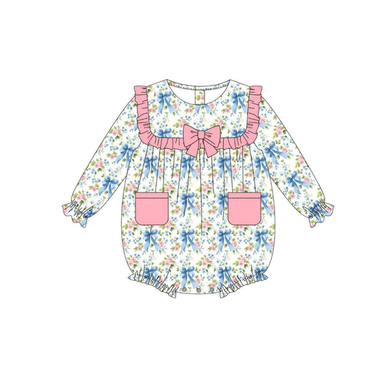 MOQ 8 Preorder LR2754 Floral Bows Pocket Pink Ruffle Long-Sleeved Girls Bubble Romper 202510 Sibling