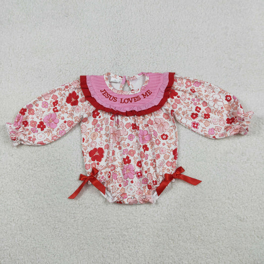 LR2769 Smocked Valentine's Day Jesus Love Me Red Pink Ruffle Long-Sleeved Girls Bubble Romper 202512 RTS