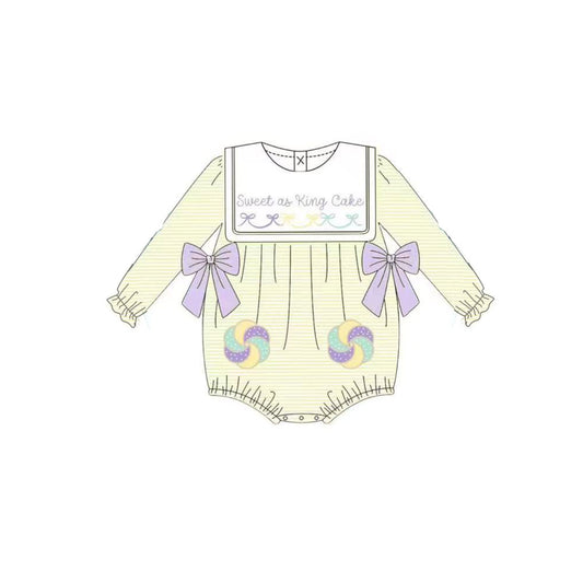 MOQ 8 Preorder LR2770 Mardi Gras Yellow Green Stripe Purple Bows Long-Sleeved Girls Bubble Romper 202510