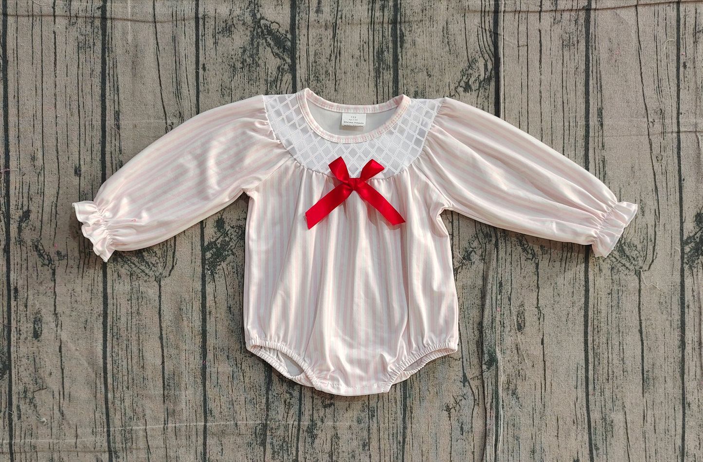 NO MOQ Preorder LR2773 Embroidered Valentine's Day Pink Stripe Red Bow Long-Sleeved Girls Bubble Romper 202511